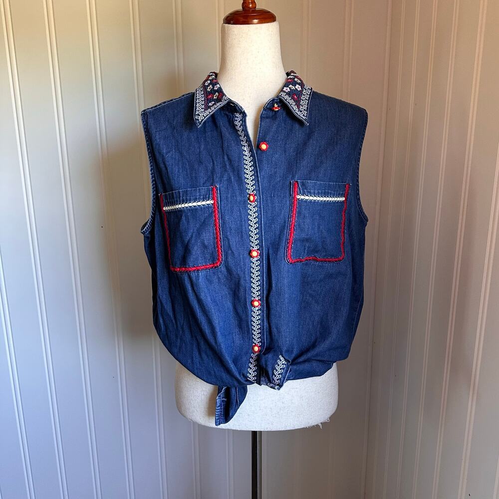 Vintage 90s Twee Denim Floral Top L